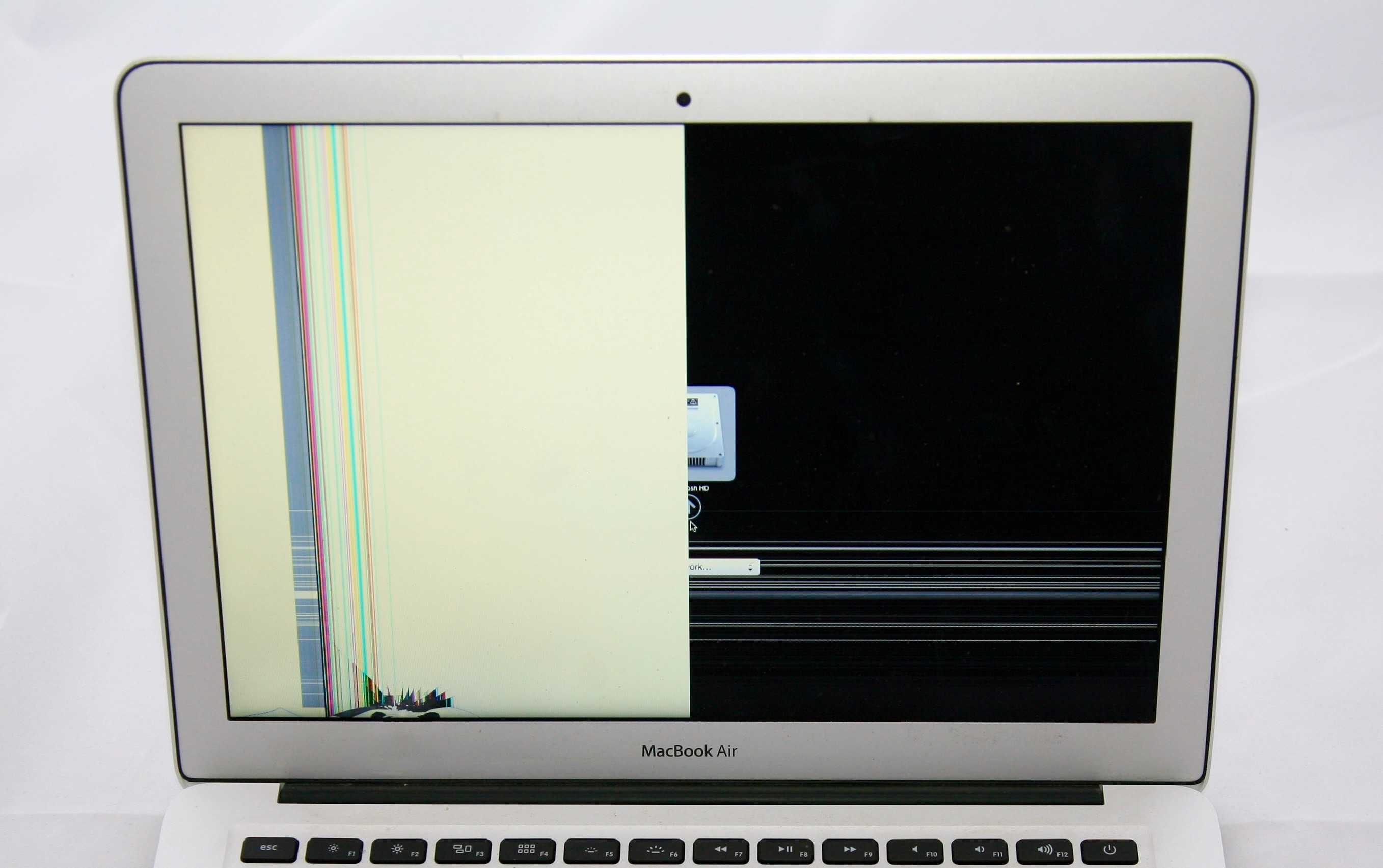 This 13" MacBook air took a hit to the bottom left that cause half the display to show white instead of the age. lines are also viewable on the left side going vertically as well as about 2/3 of the way to the bottom of the display.