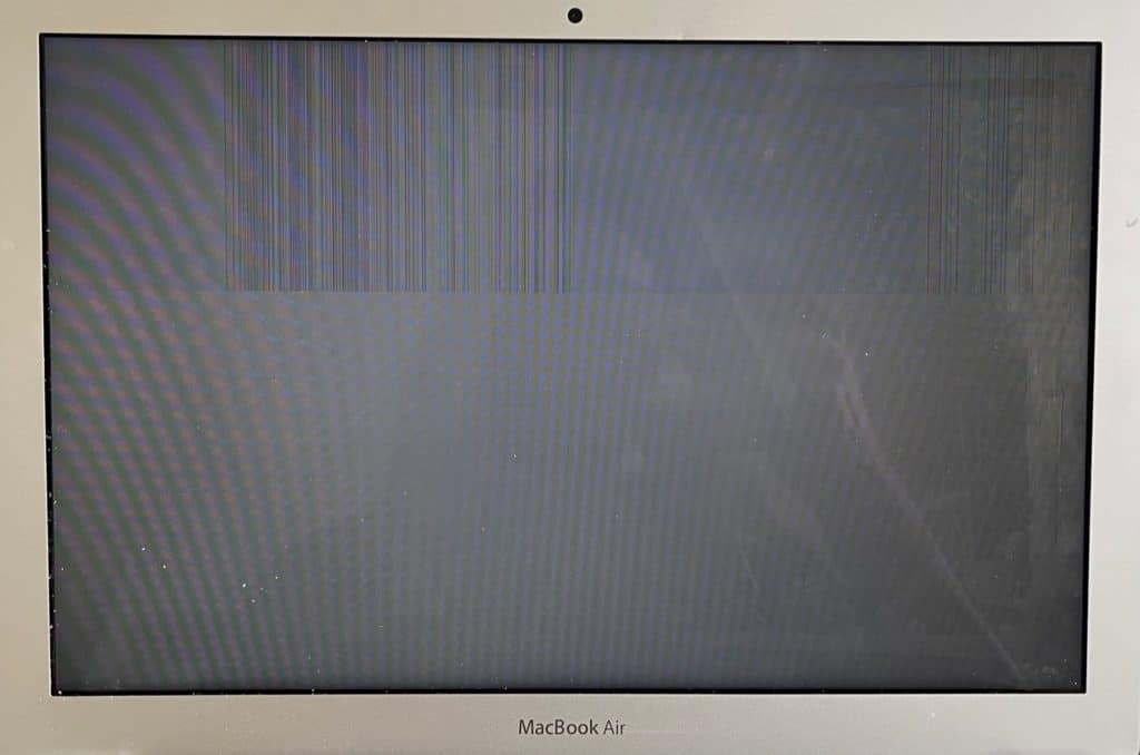MacBook Air Screen Repair 15 A1466 MacBook Air with top 1/3 of screen showing lines and bottom 2/3 solid white.