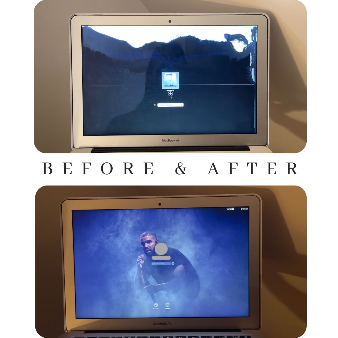 Before and after repair of an A1466 MacBook Air